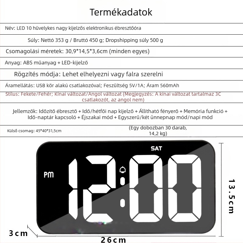 Ébresztőóra GTJP23500 digitális LED kijelzővel, nagy képernyővel, heti kijelzővel és ébresztő funkcióval