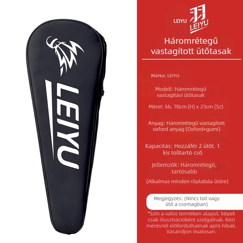 Badminton ütő táska több rétegű kialakítással és hatalmas kapacitással; Oxford anyag, vízálló; márka Lei Yu; húzózsinóros zárás