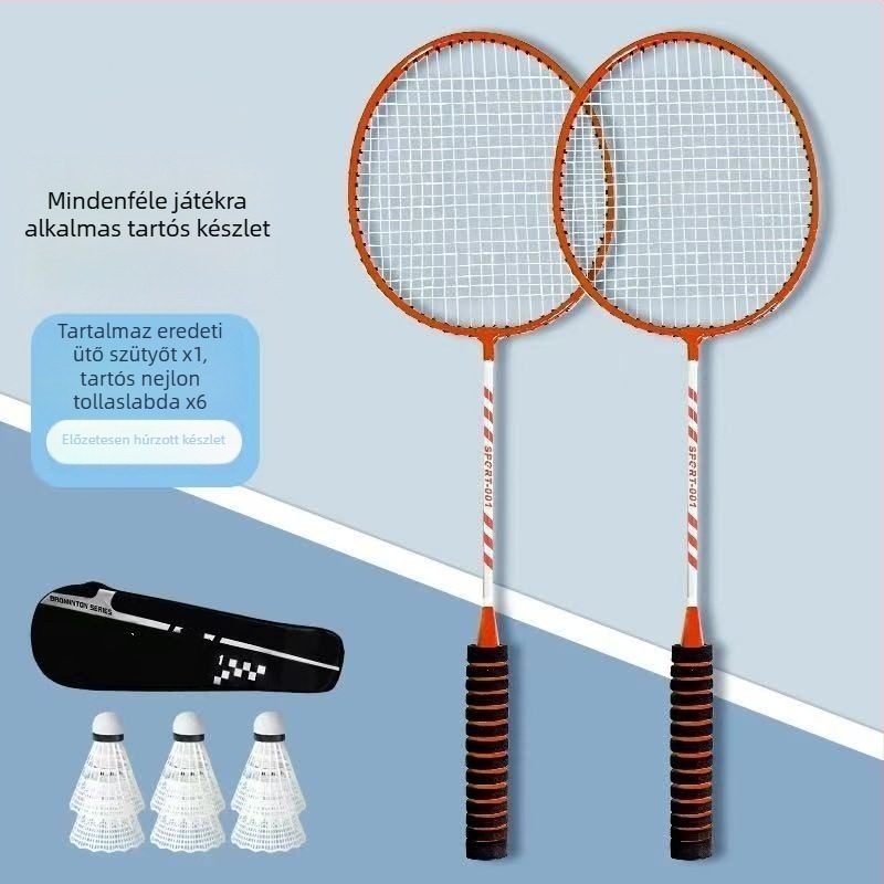 6 darabos bádminton ütő készlet, karbon-alumínium ötvözetű váz, rostszál húrok, súly 95–100 g, extra kemény