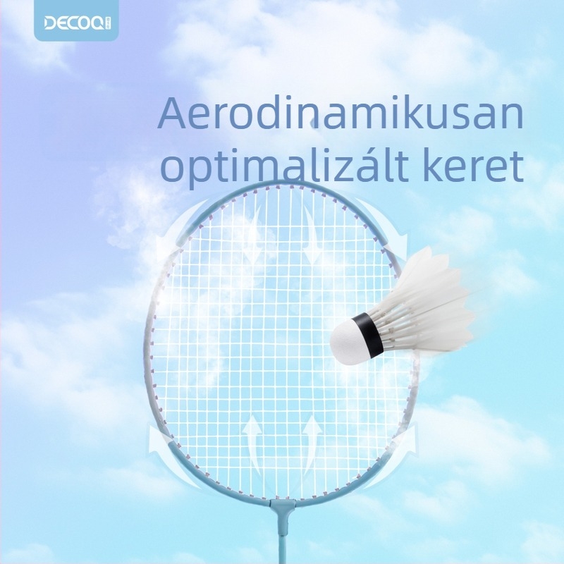 Badmintonütő Decoq/decak – vasötvözetű váz; nylonszál húrok; súly 95–100 g; egyenes ütés dizájn