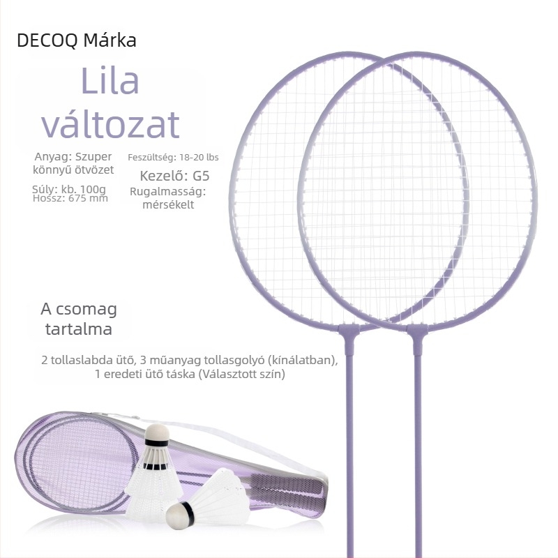 Badmintonütő Decoq/decak – vasötvözetű váz; nylonszál húrok; súly 95–100 g; egyenes ütés dizájn
