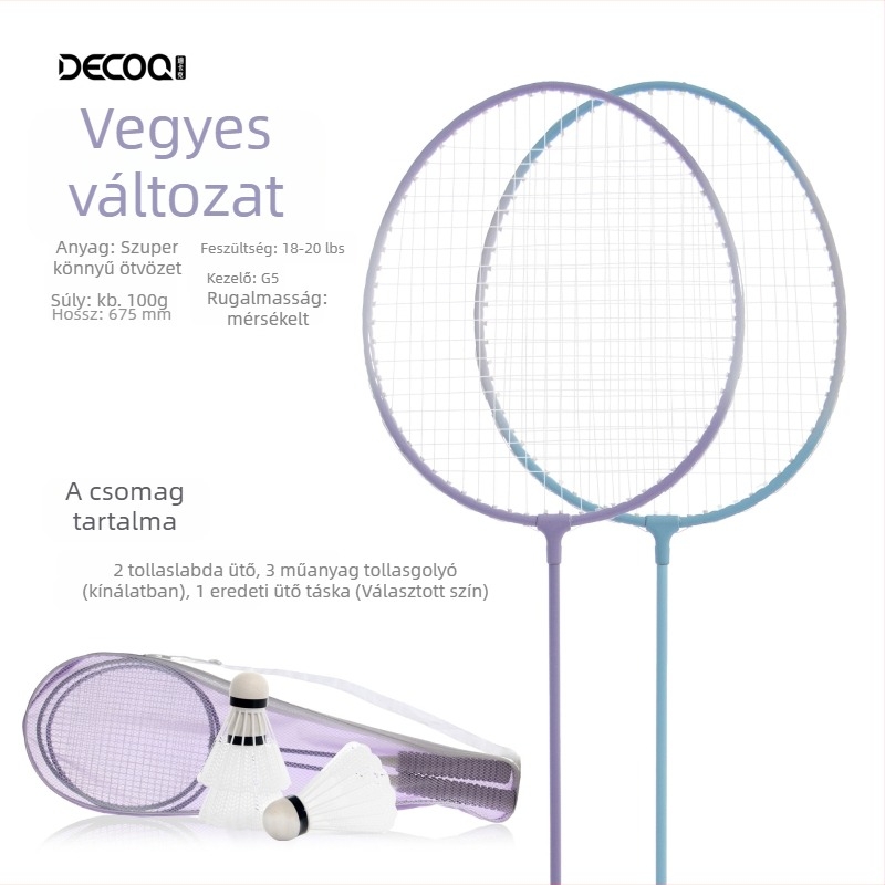 Badmintonütő Decoq/decak – vasötvözetű váz; nylonszál húrok; súly 95–100 g; egyenes ütés dizájn