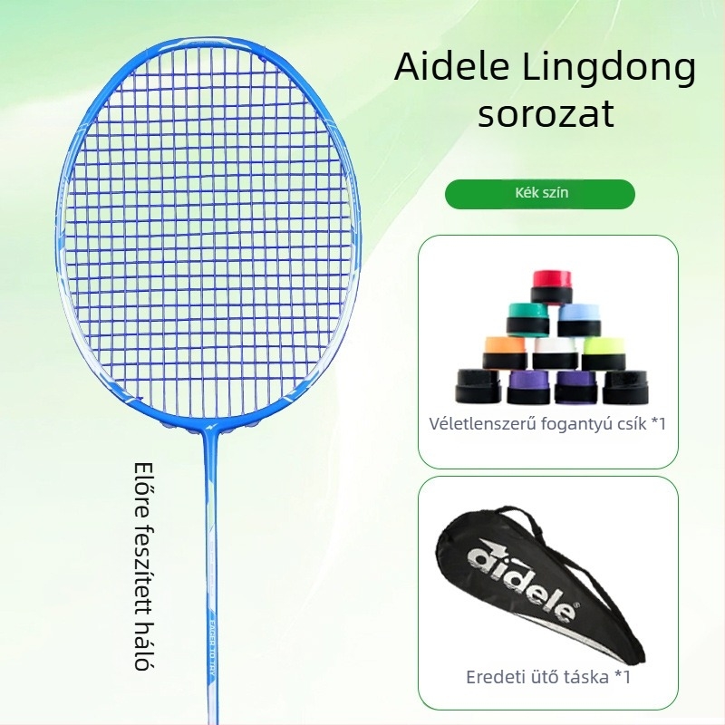 Badmintonütő – szénszálas váz, súly 75–79 g, vízszintes ütés, nyél vastagsága G5