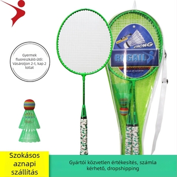 Gyerekeknek szóló badminton ütő készlet: 2 ütő és 2 labda, súly 95–100 g, váz Ferroalloy, damil Nylon, markolat vastagsága G5