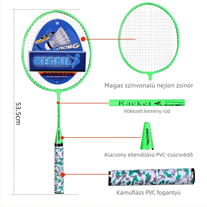 Gyerekeknek szóló badminton ütő készlet: 2 ütő és 2 labda, súly 95–100 g, váz Ferroalloy, damil Nylon, markolat vastagsága G5