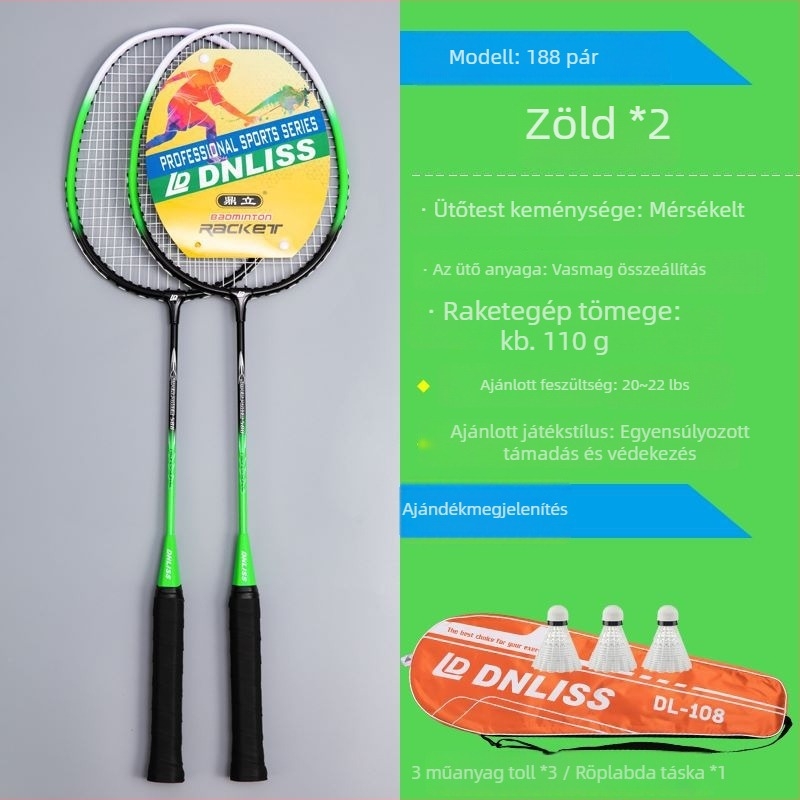 Badmintonütő készlet – Dingli, keret vasötvözetből, nylon húrok, 90–94 g, markolat G2, egyenes ütés