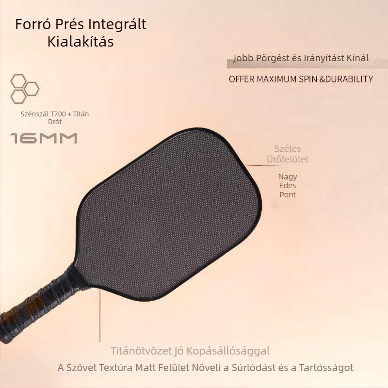 Titán- és szénszálas pickleball ütő, egyrészes kivitel, kültéri használatra
