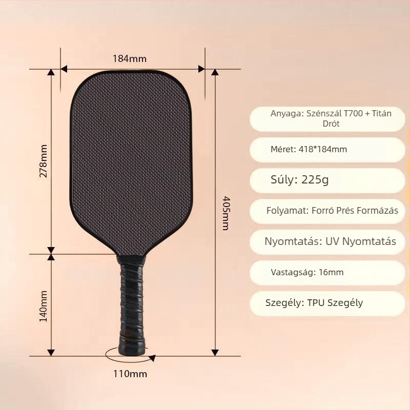 Titán- és szénszálas pickleball ütő, egyrészes kivitel, kültéri használatra