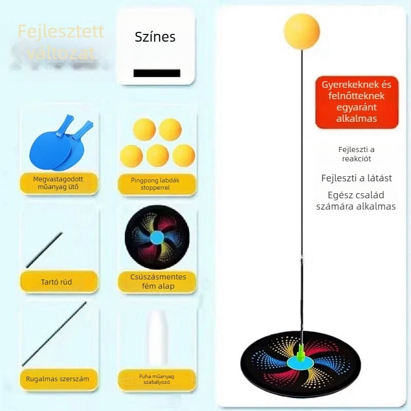 Asztalitenisz-edző gyerekeknek — otthoni gyakorláshoz, egyéni vagy páros használat, rugalmas hajtótengely, automatikus visszafuttó labda, rozsdamentes acélból