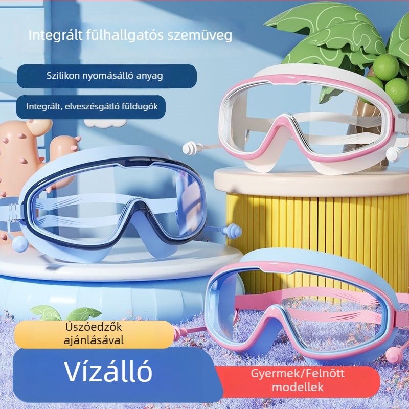 Gyerekeknek szóló úszószemüveg, vízálló, páramentes, nagy keret