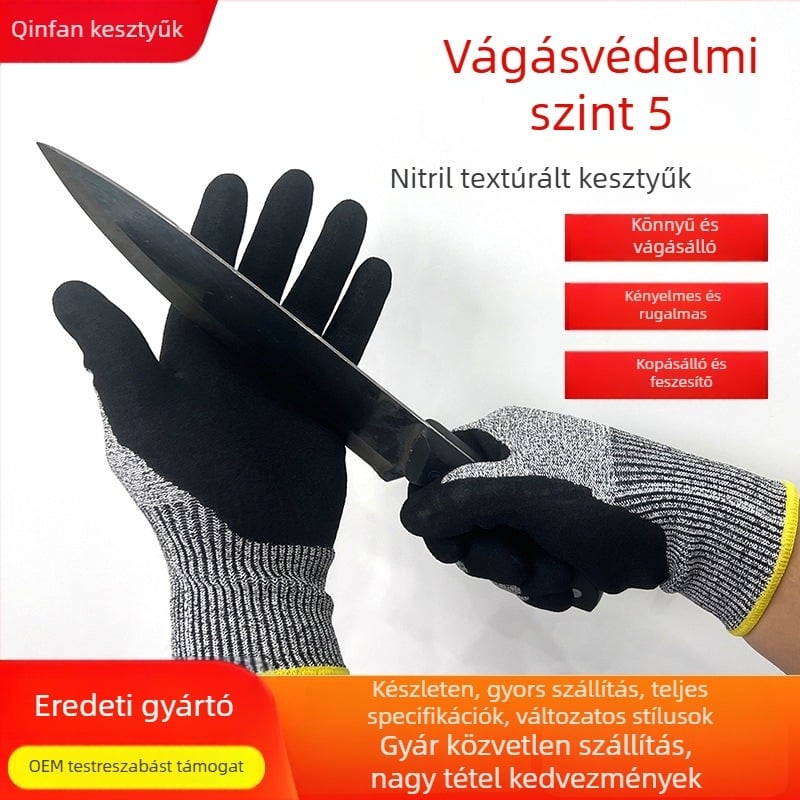 Nitril vágásvédő kesztyűk, 5. osztály, karcolás- és kopásálló; Márka Qin Sail, Anyag HPPE Scrub, Alkalmazások: üvegvágás, konyha, asztalosipar