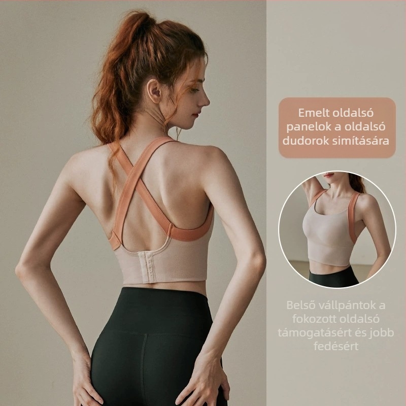 Női magas intenzitású Mold Cup sportmelltartó, all-in-one edzésre/jógára; 80% nejlon fő anyag, 20% spandex bélés, rögzített dupla pántok, oldalsó csat