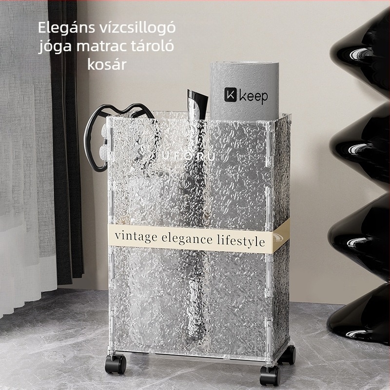 Jógaszőnyeg tároló állvány görgőkkel, PET műanyag, 30–40 L kapacitás, modell D2324, tömeg 3,15 kg, mozgatható