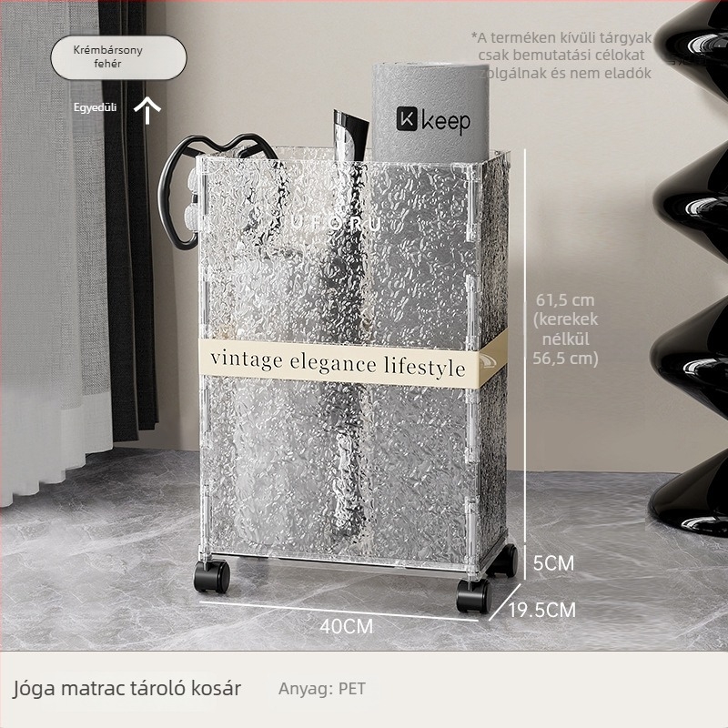 Jógaszőnyeg tároló állvány görgőkkel, PET műanyag, 30–40 L kapacitás, modell D2324, tömeg 3,15 kg, mozgatható