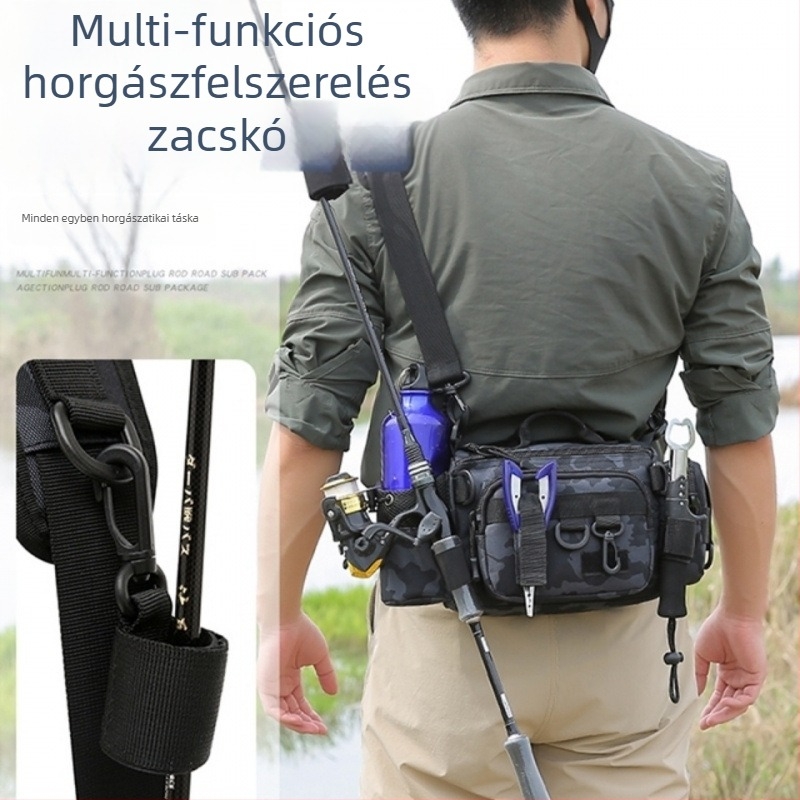 Multifunkcionális horgász kellék táska bot tartóval, öv- és vállpántos, crossbody dizájn (PVC anyag; nem vízálló)