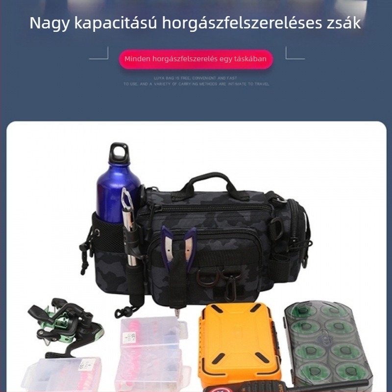Multifunkcionális horgász kellék táska bot tartóval, öv- és vállpántos, crossbody dizájn (PVC anyag; nem vízálló)