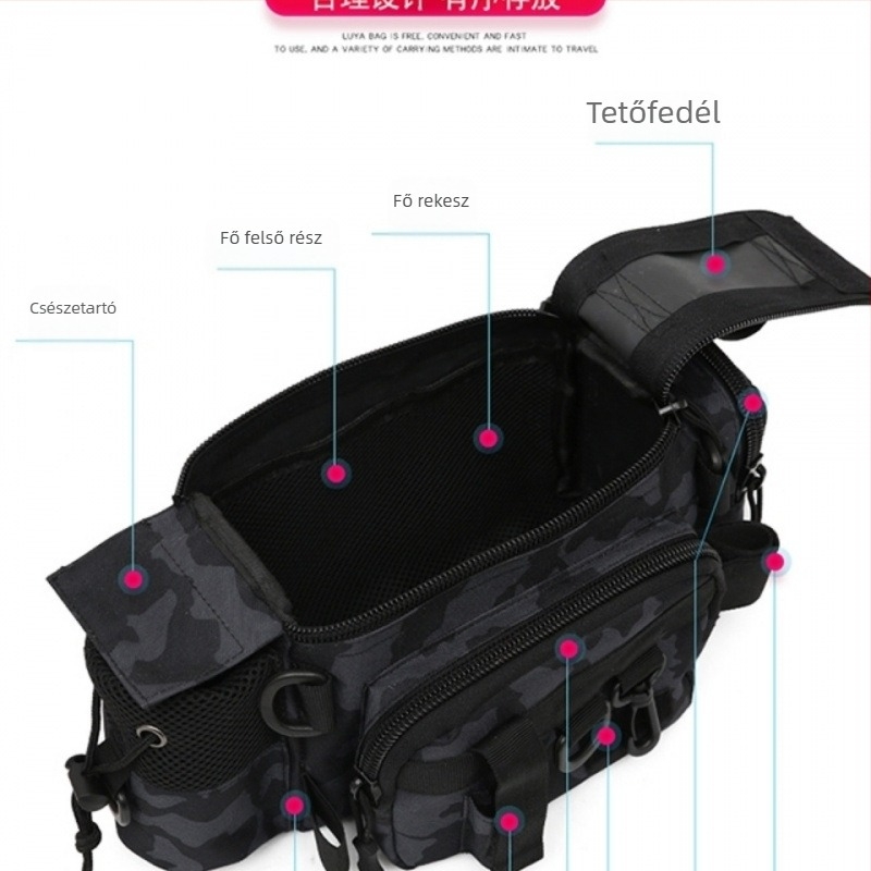 Multifunkcionális horgász kellék táska bot tartóval, öv- és vállpántos, crossbody dizájn (PVC anyag; nem vízálló)