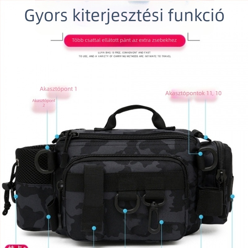 Multifunkcionális horgász kellék táska bot tartóval, öv- és vállpántos, crossbody dizájn (PVC anyag; nem vízálló)