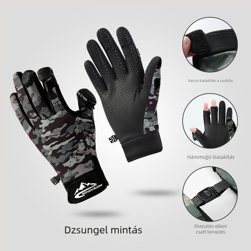 Őszi–téli horgász kesztyűk kültéren, három ujja kinyitó érintőképernyővel, csúszásmentes, kopásálló, fleece béléssel