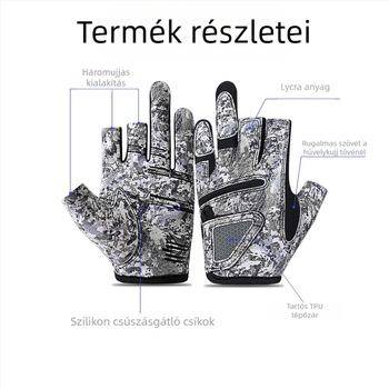 Nyári kültéri horgász kesztyűk, három ujjas kialakítás, napvédelem, csúszásmentes, kopásálló, nem tapad a csalira