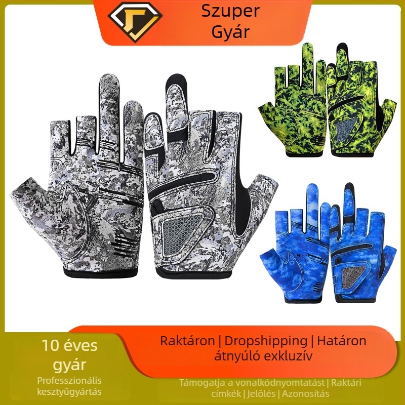 Nyári kültéri horgász kesztyűk, három ujjas kialakítás, napvédelem, csúszásmentes, kopásálló, nem tapad a csalira