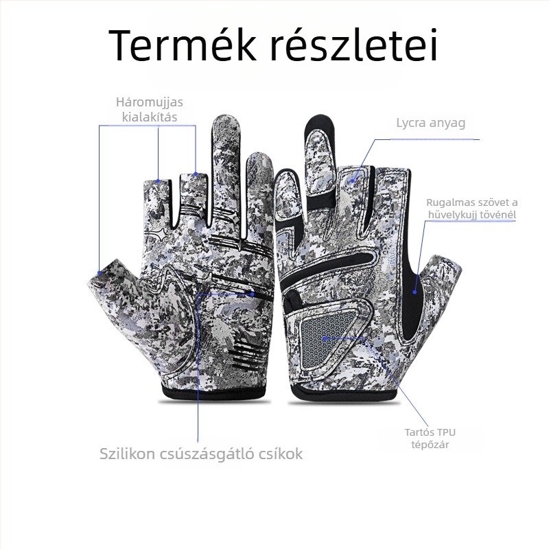 Nyári kültéri horgász kesztyűk, három ujjas kialakítás, napvédelem, csúszásmentes, kopásálló, nem tapad a csalira