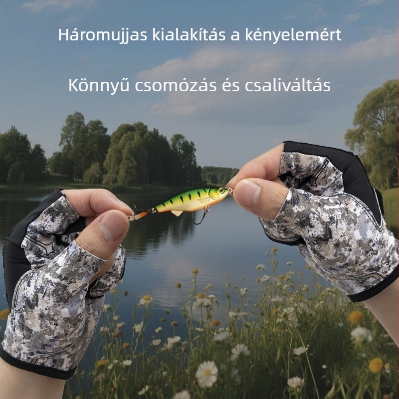 Nyári kültéri horgász kesztyűk, három ujjas kialakítás, napvédelem, csúszásmentes, kopásálló, nem tapad a csalira