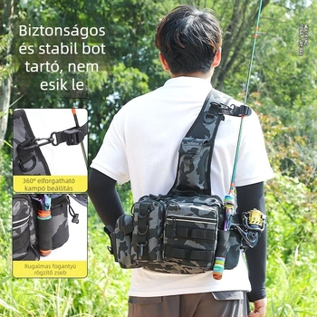 Derék- és keresztpántos többfunkciós horgász táska, orsó- és botre részekkel, nagy kapacitású, terepszínű, hordozható kültéri crossbody hátizsák