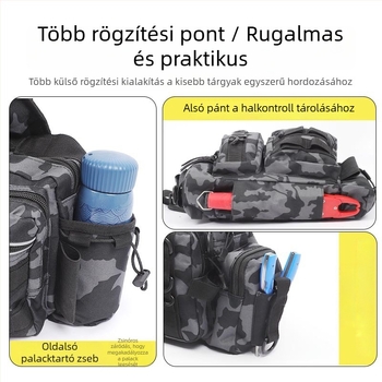 Derék- és keresztpántos többfunkciós horgász táska, orsó- és botre részekkel, nagy kapacitású, terepszínű, hordozható kültéri crossbody hátizsák