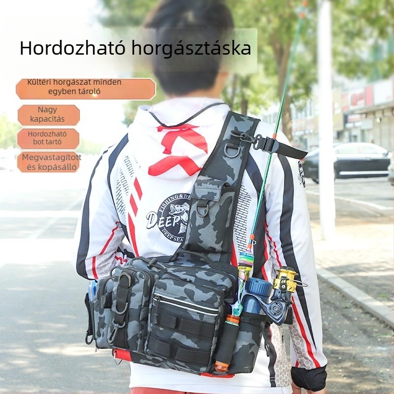 Derék- és keresztpántos többfunkciós horgász táska, orsó- és botre részekkel, nagy kapacitású, terepszínű, hordozható kültéri crossbody hátizsák