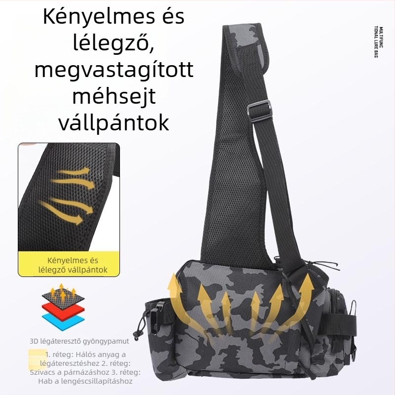 Derék- és keresztpántos többfunkciós horgász táska, orsó- és botre részekkel, nagy kapacitású, terepszínű, hordozható kültéri crossbody hátizsák