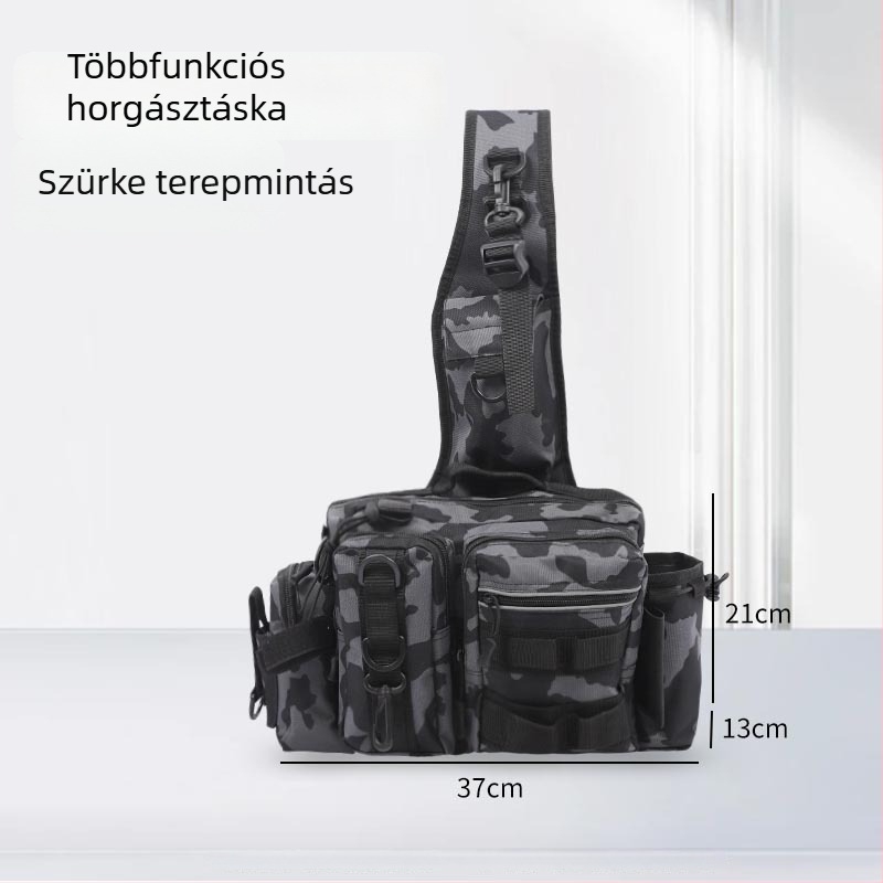 Derék- és keresztpántos többfunkciós horgász táska, orsó- és botre részekkel, nagy kapacitású, terepszínű, hordozható kültéri crossbody hátizsák