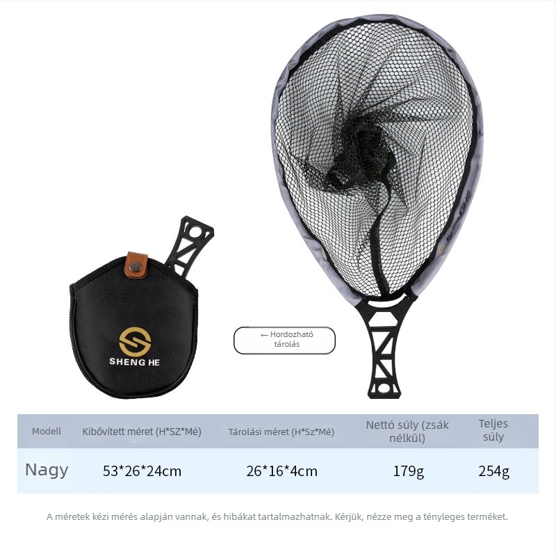 Összecsukható, hordozható nylon halászháló patakhoz — 26 cm nyílás, 20 cm mélység (Anyag: Nylon; Nyílás: 26 cm; Mélység: 20 cm; Összecsukható)
