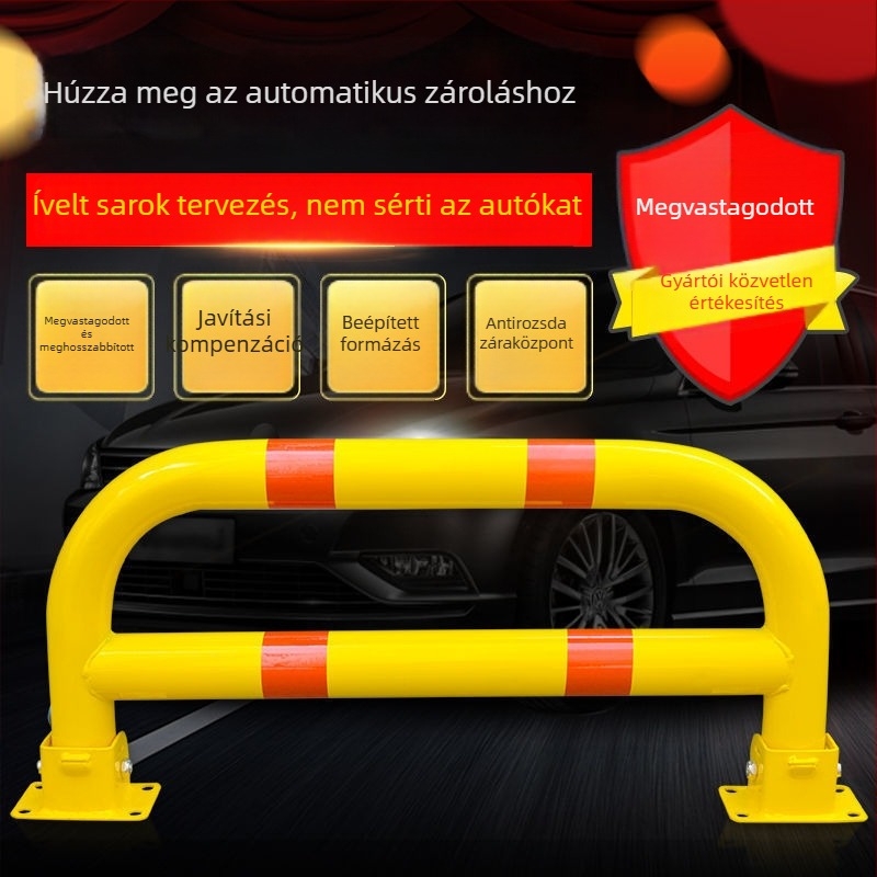 Személyre szabott garázs parkolási zár, megerősített U‑alakú acélsín védőkorlát ütközés elleni védelemmel és reflexiós biztonsági blokkolóval, tartozékokkal