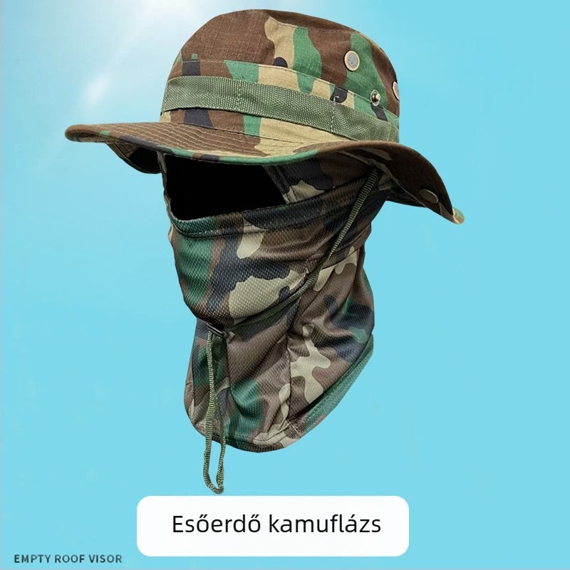 Kamuflázs körszélű fejfedő kültéri tevékenységekhez – szélvédő Bennie sapka zsinórral, uniszex, poliészter, hegymászáshoz és horgászathoz