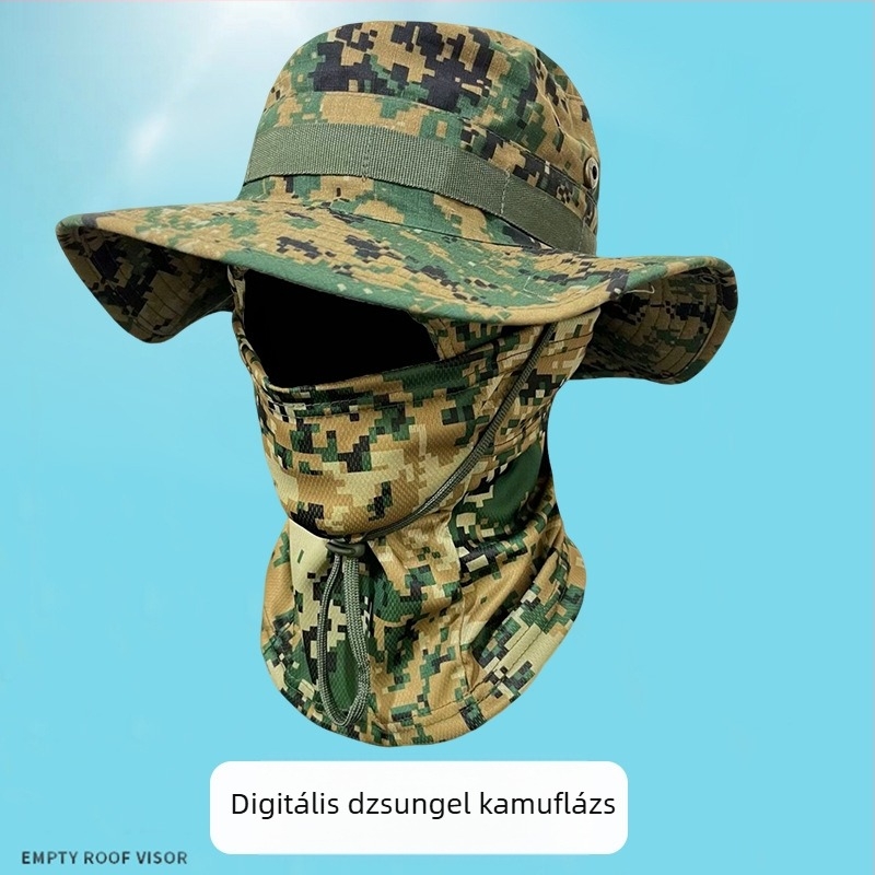 Kamuflázs körszélű fejfedő kültéri tevékenységekhez – szélvédő Bennie sapka zsinórral, uniszex, poliészter, hegymászáshoz és horgászathoz