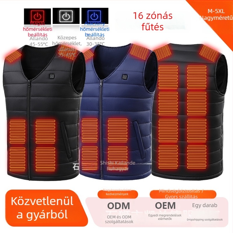 Férfi pamutból bélelt mellény USB-melegítéssel, állandó hőmérséklet, álló gallér, cipzár, oldalsó zsebek