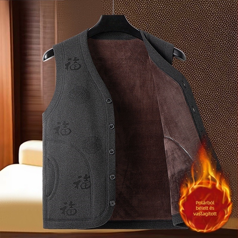 Férfi bársonyos vastagított V-nyakú mellény, téli 2025, üzleti casual stílus, töltött, egysoros