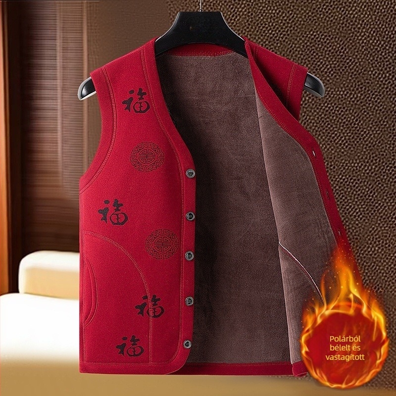 Férfi bársonyos vastagított V-nyakú mellény, téli 2025, üzleti casual stílus, töltött, egysoros