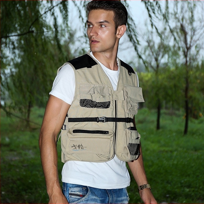 Fotó mellény több zsebbel, laza szabású, V-nyak, cipzár, poliészter