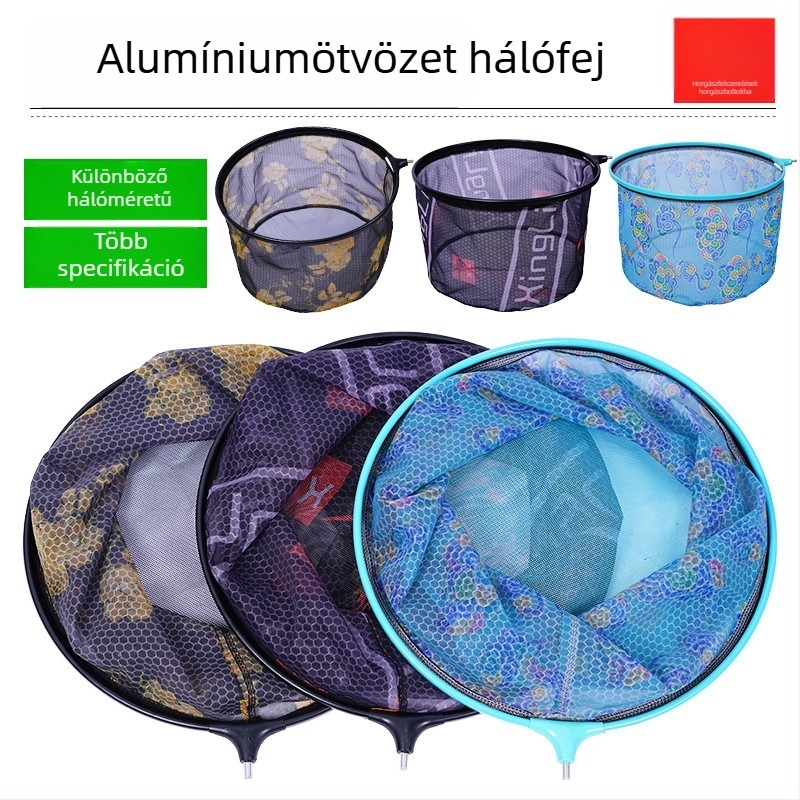 Horgász hálófej alumíniumötvözetből, kis szemnyílású, kerek formájú, leválasztható hálótáska