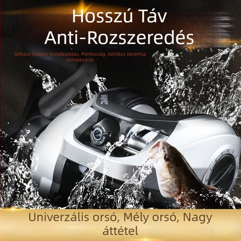 Teljesen fém vízcsepp alakú orsó hosszú dobásokhoz, mágneses fékkel és húzásriasztóval