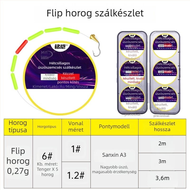 Hetescsillagos úszósor készlet forgó horoggal, réz fej, nylon zsinór, hossz 2,5–3,6 m, hagyományos horgászathoz