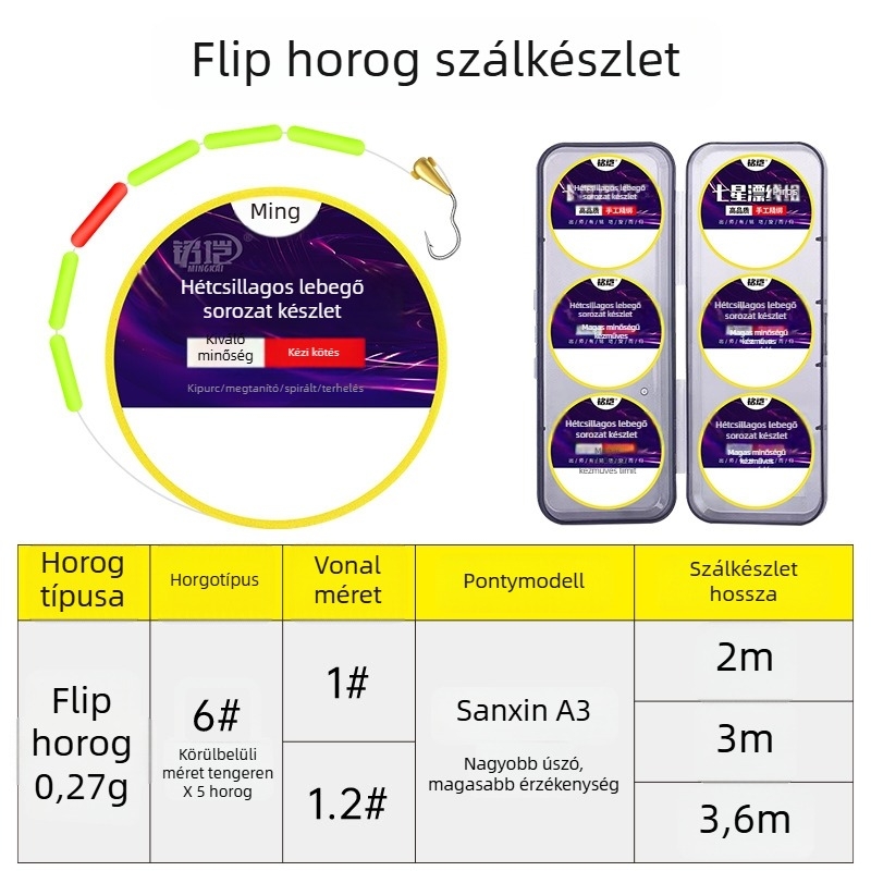 Hetescsillagos úszósor készlet forgó horoggal, réz fej, nylon zsinór, hossz 2,5–3,6 m, hagyományos horgászathoz