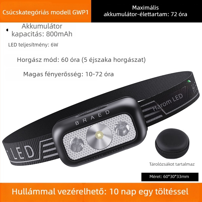 LED fejlámpa horgászathoz, újratölthető, vízálló, 300+ m fényhatótáv, 8–72 óra üzemidő