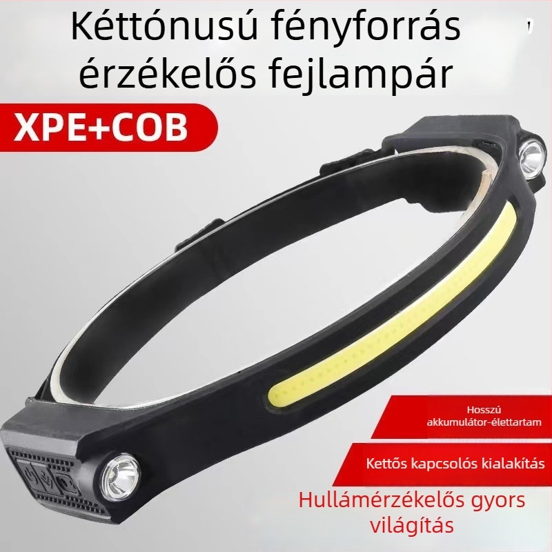 Kétfejű COB LED fejlámpa, szilikon házzal, USB-töltés, 1200mAh akkumulátor, 5W teljesítmény