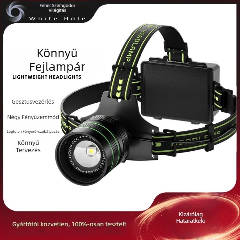 LED fejlámpa, 60W, 6000mAh, kézfeltöltéses, 360° forgás, 500m hatótáv