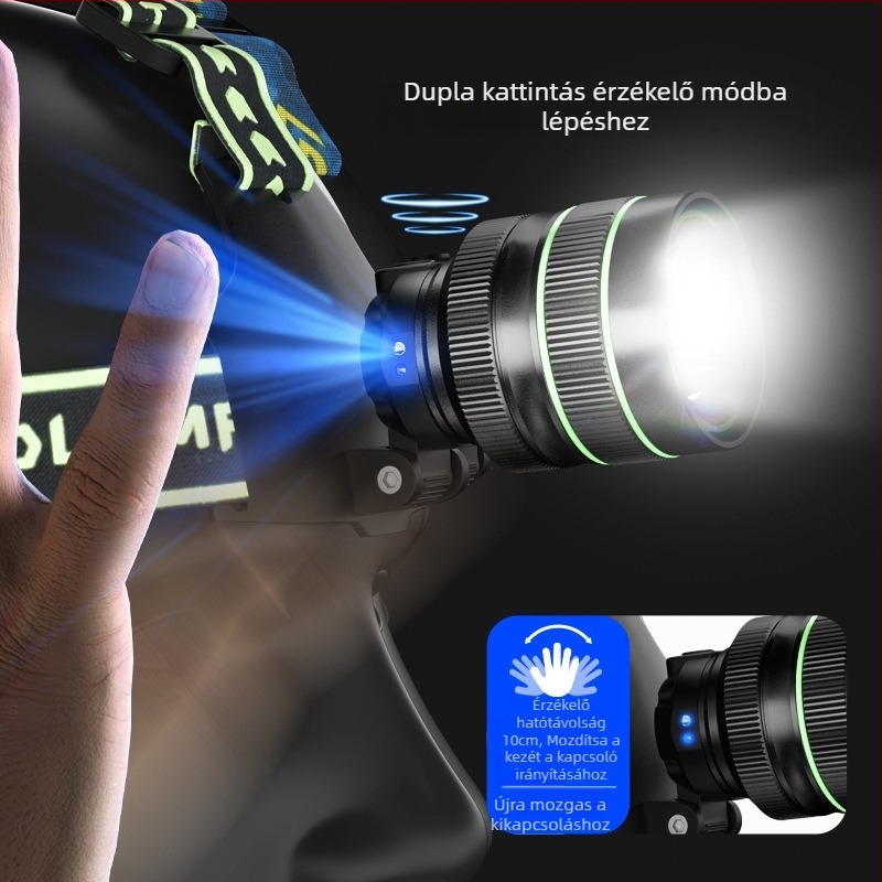 LED fejlámpa, 60W, 6000mAh, kézfeltöltéses, 360° forgás, 500m hatótáv