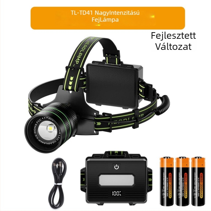 LED fejlámpa, 60W, 6000mAh, kézfeltöltéses, 360° forgás, 500m hatótáv