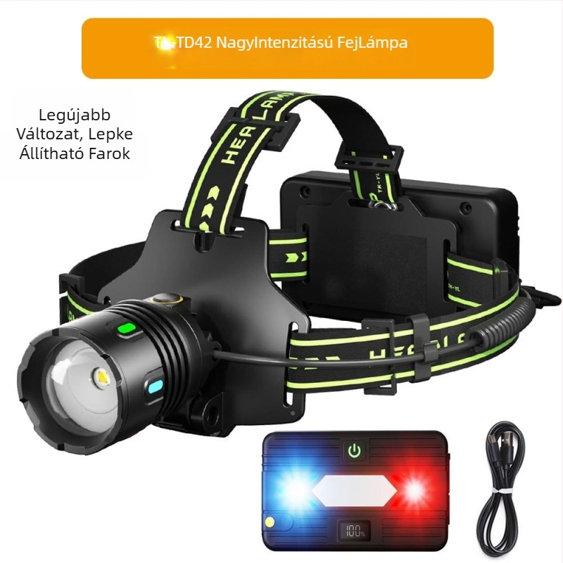 LED fejlámpa, 60W, 6000mAh, kézfeltöltéses, 360° forgás, 500m hatótáv